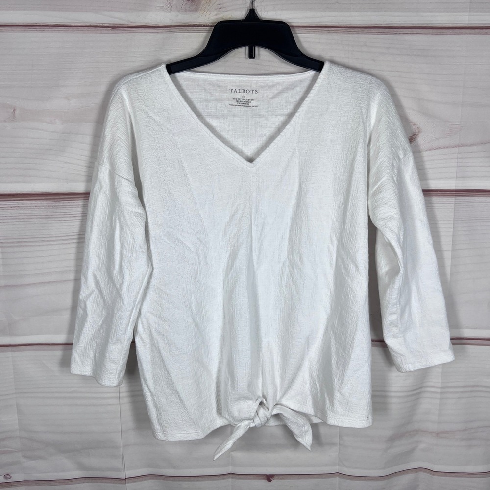 Talbots V-Neck Tie-Front Top Womens Size M White Solid Textured Knit 3/4 Sleeve